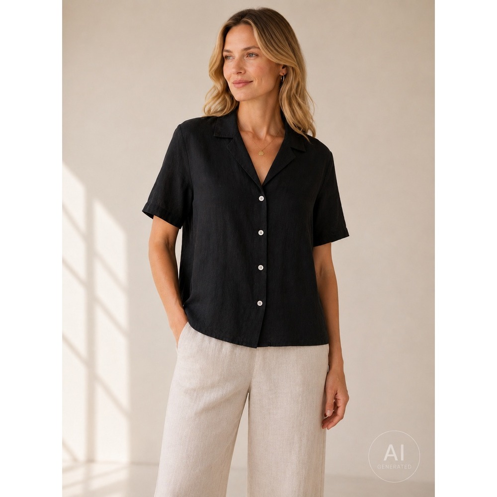 Quince 100% European Linen Short Sleeve Shirt Black Button Down Small LB19471